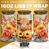 Highland Cow Autumn Halloween Pumpkin UV DTF 16oz Glass Cup Wrap