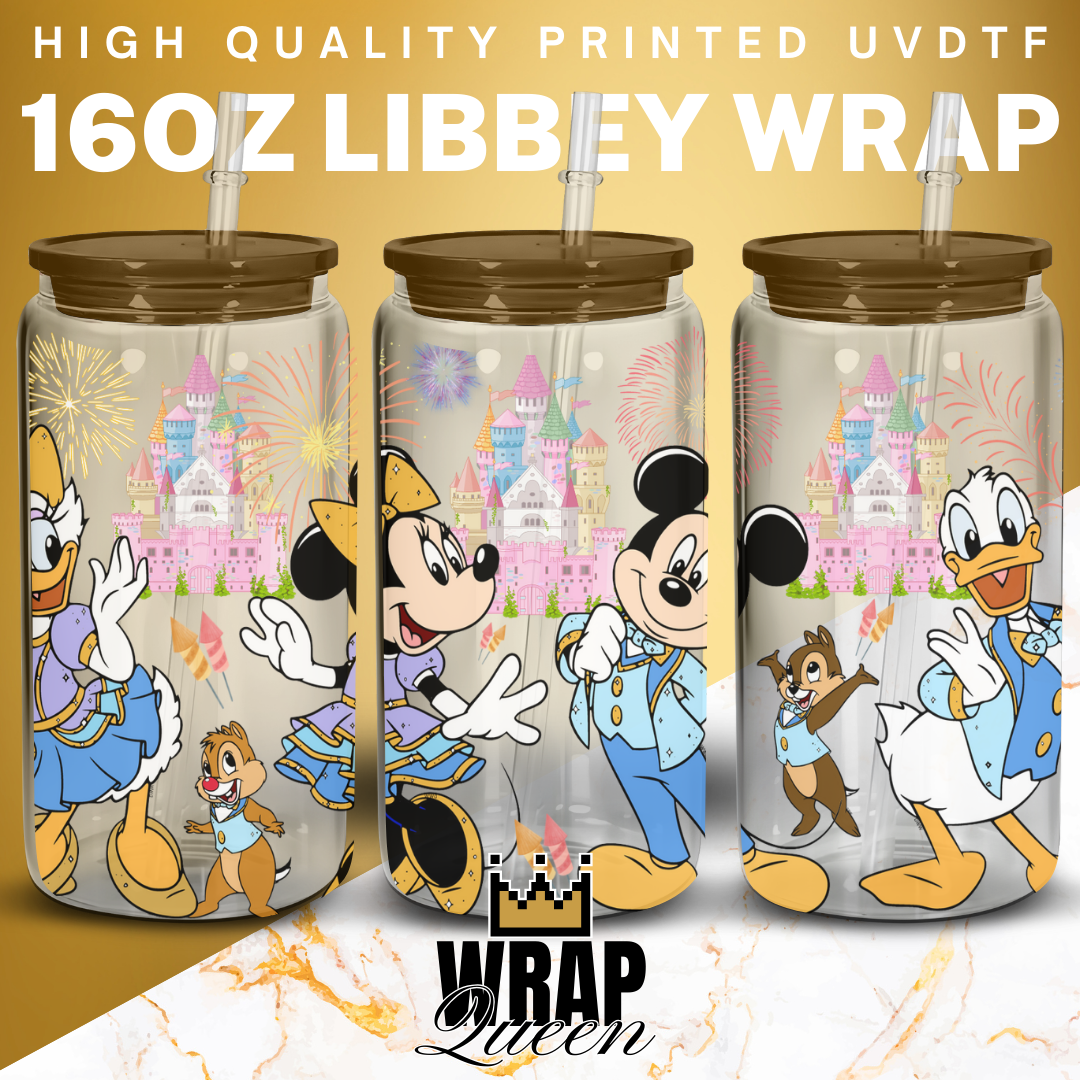 Mouse and Friends Castle UV DTF 16oz Glass Cup Wrap