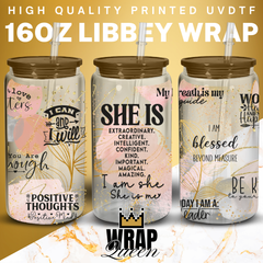 She Is Affirmations UV DTF 16oz Glass Cup Wrap