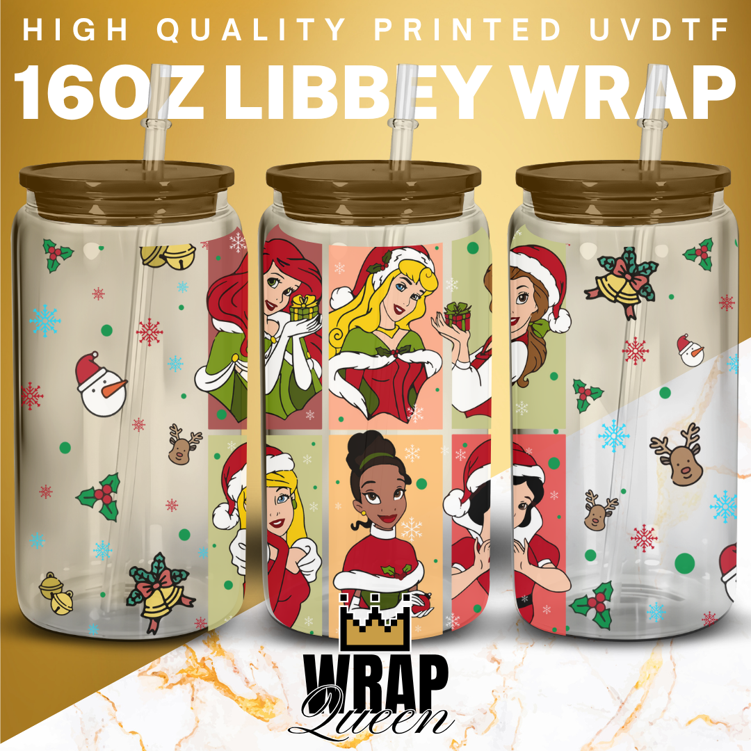 Princess Christmas UV DTF 16oz Glass Cup Wrap