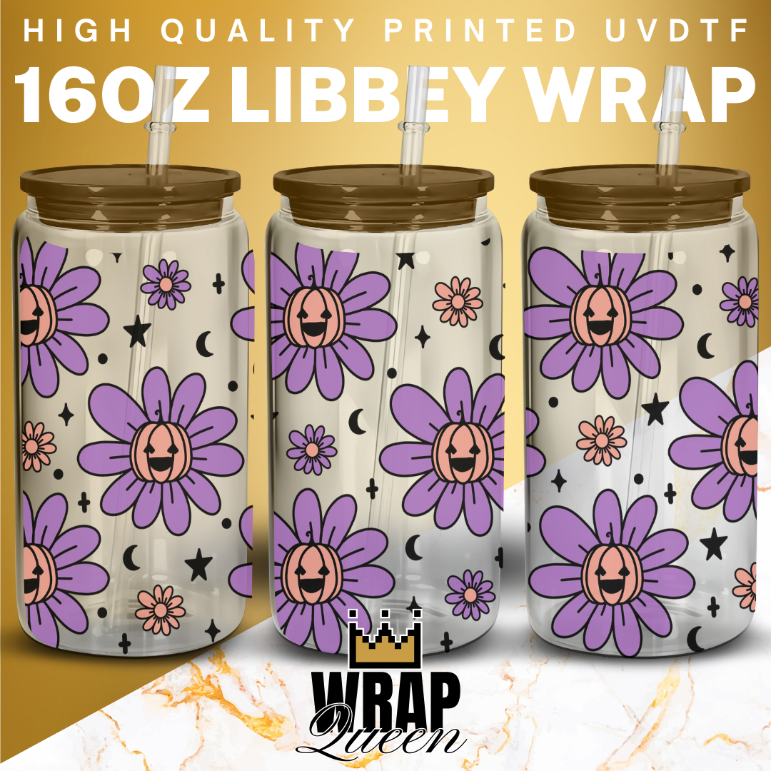 Halloween Flower Pumpkin Purple 3 UV DTF 16oz Glass Cup Wrap